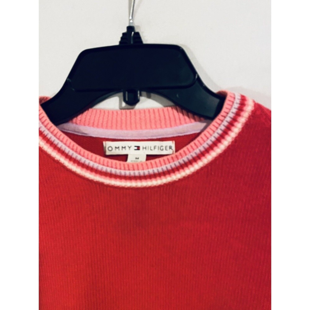 Tommy Hilfiger Womens Sweater Sz M Pink White Ribbed Hem Crewneck Long Sleeves - Picture 2 of 10